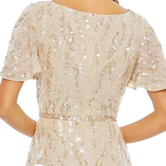 MAC DUGGAL 93591 SEQUINED V-NECK FLUTTER SLEEVE OYSTER SHEATH MIDI DRESS sz 4 - Picture 4 of 5